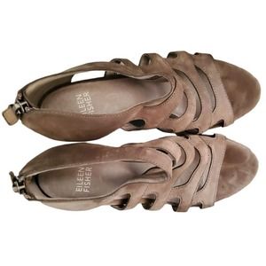 Eileen Fisher Taupe Gray Suede Strappy Open Toe Sandals 2.5" Heels Zip Back Sz 6